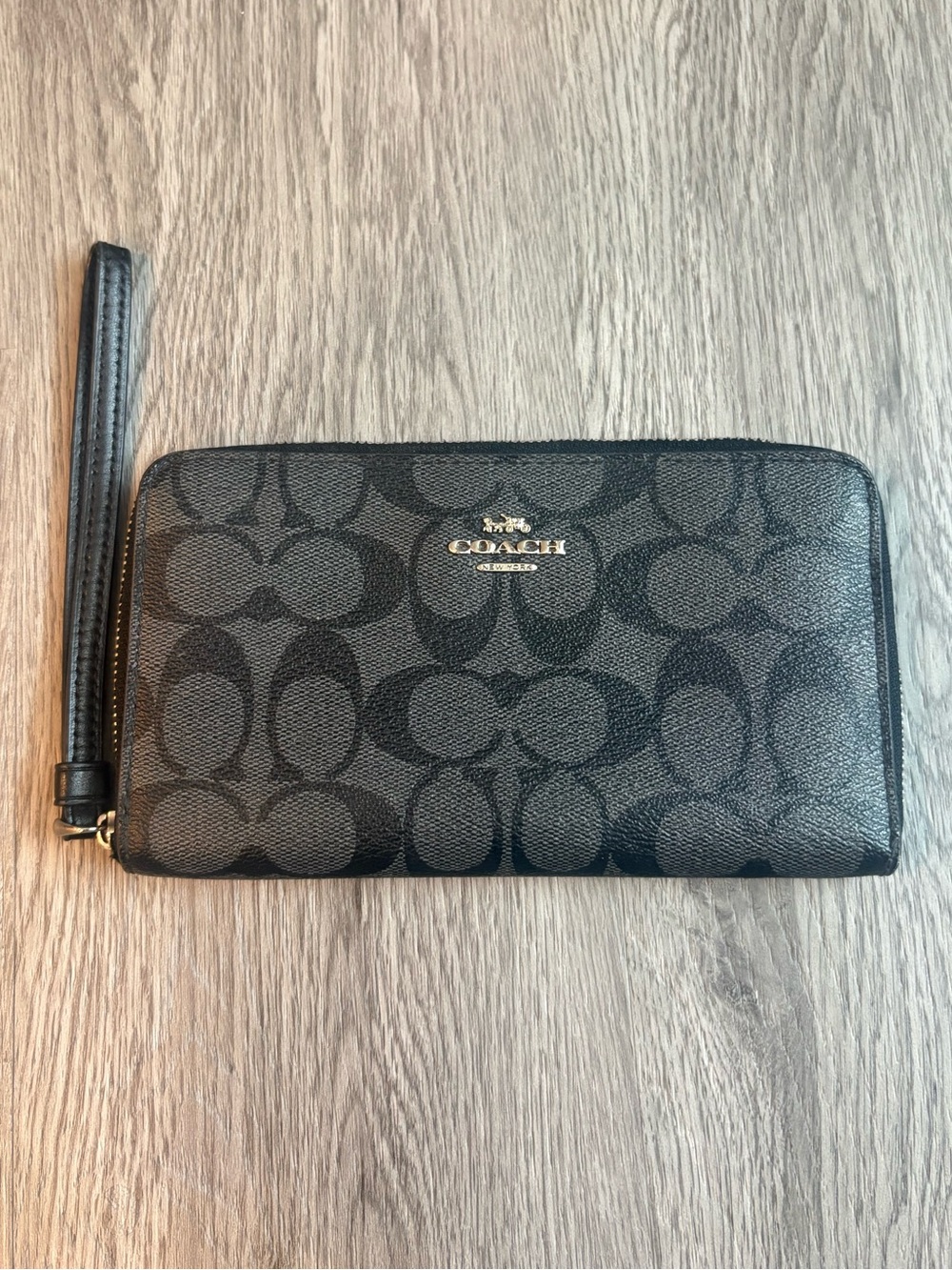 Coach Brown Signature Zip Wallet Wristlet with Gold Logo